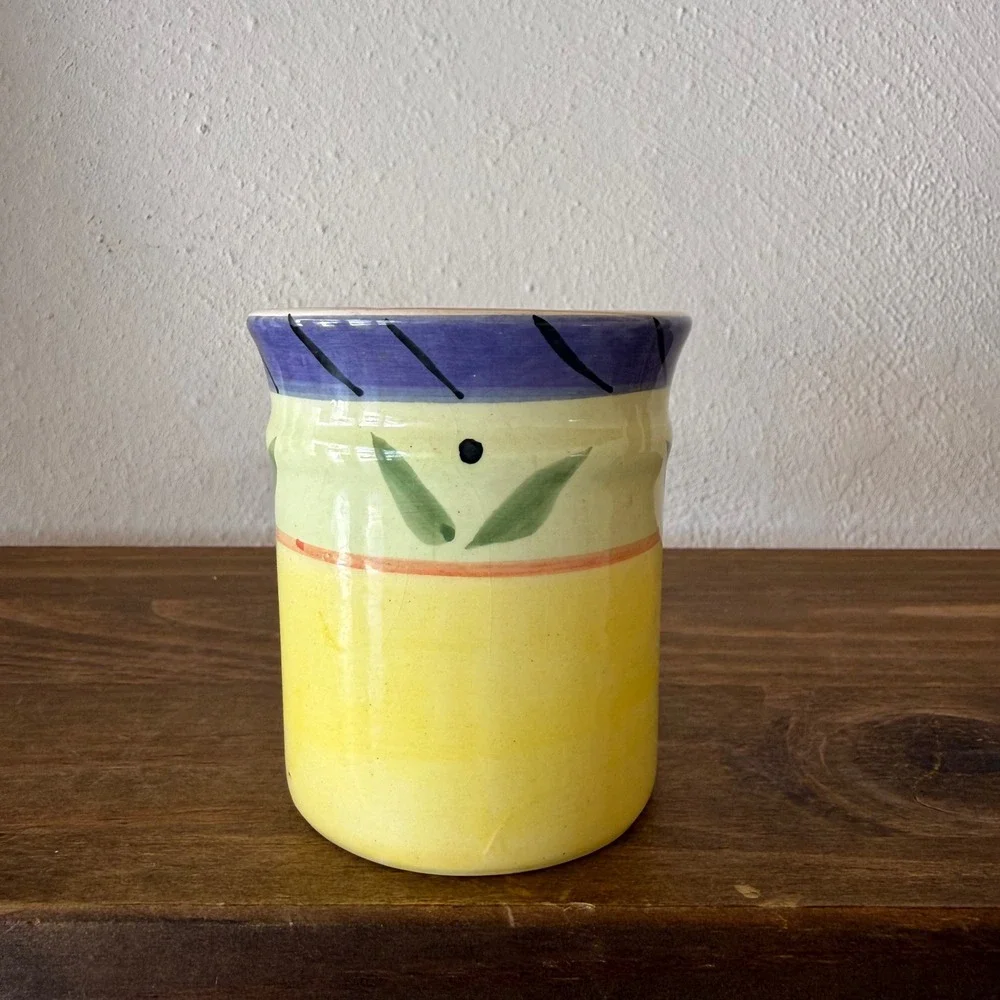 CFP Italian Hand Painted Ceramic Utensil Holder Vase Yellow Blue Mediterranean